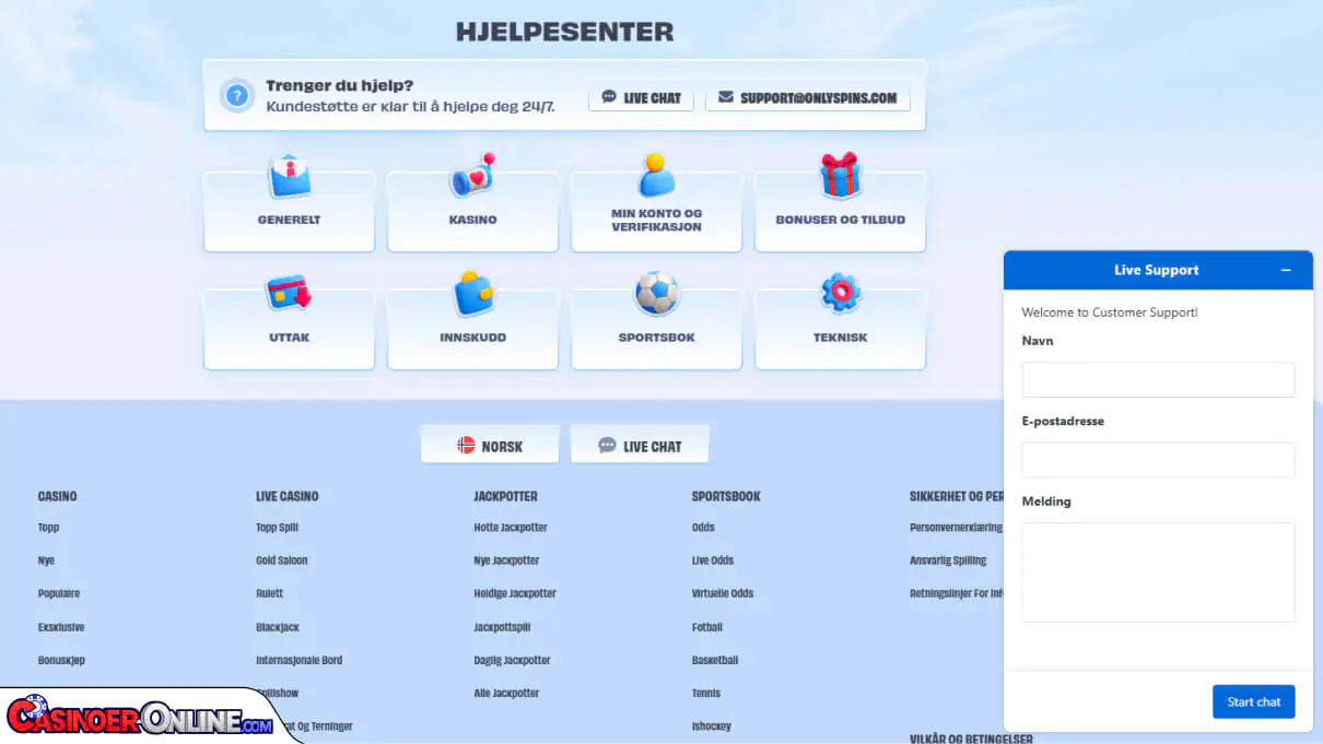 OnlySpins Casino Kundestøtte