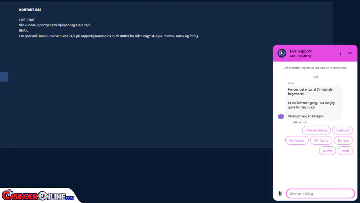Lunarspins Casino Kundestøtte