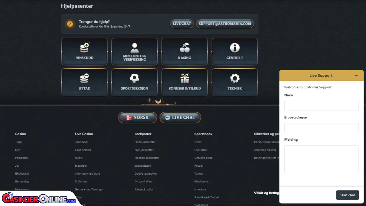 AstroMania Casino Kundestøtte