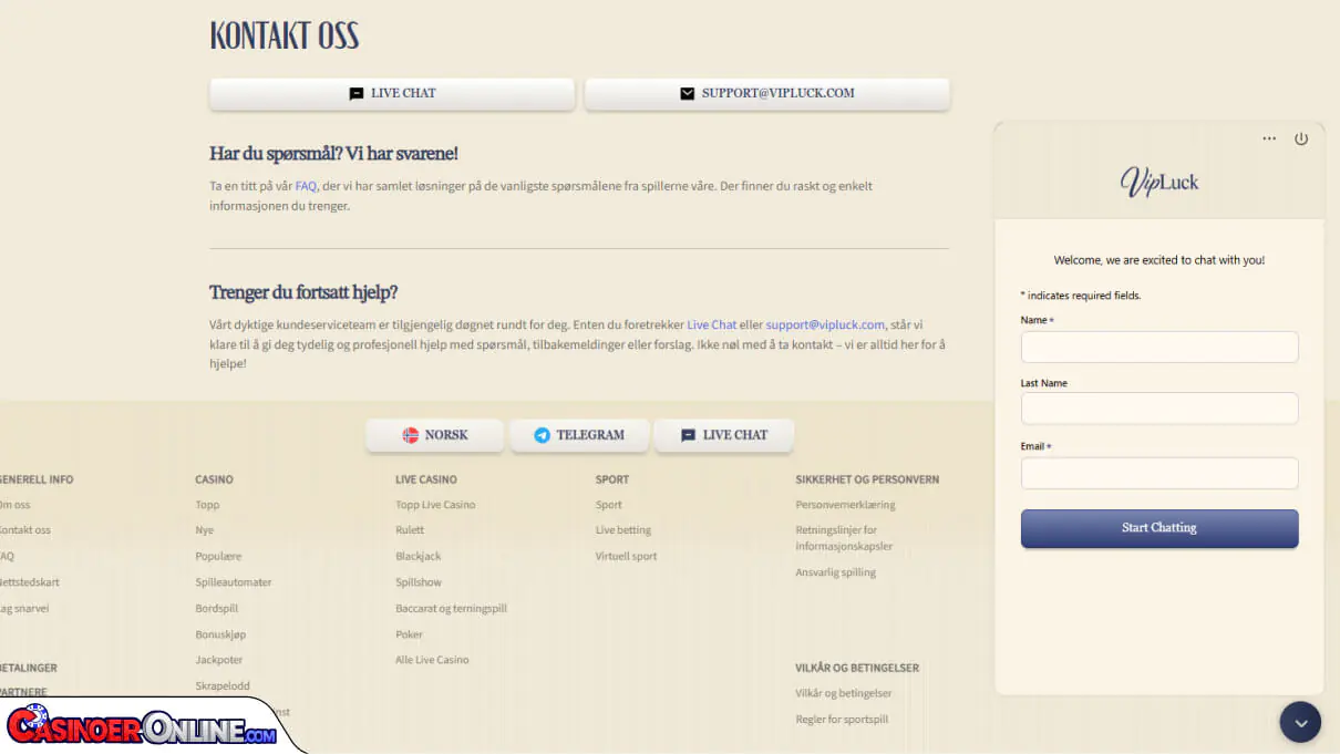 VipLuck Casino Kundestøtte