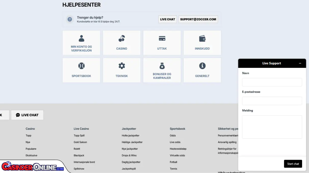 Zoccer Casino Kundestøtte